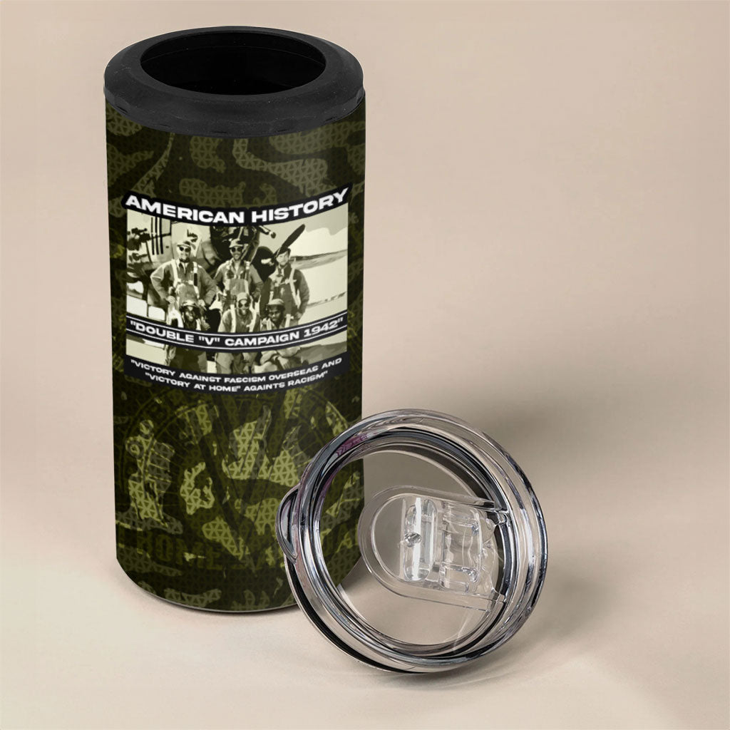 Double V Campaign American History 1942 4 in 1 Can Cooler Tumbler Military Camouflage Tuskegee Airmen World War II