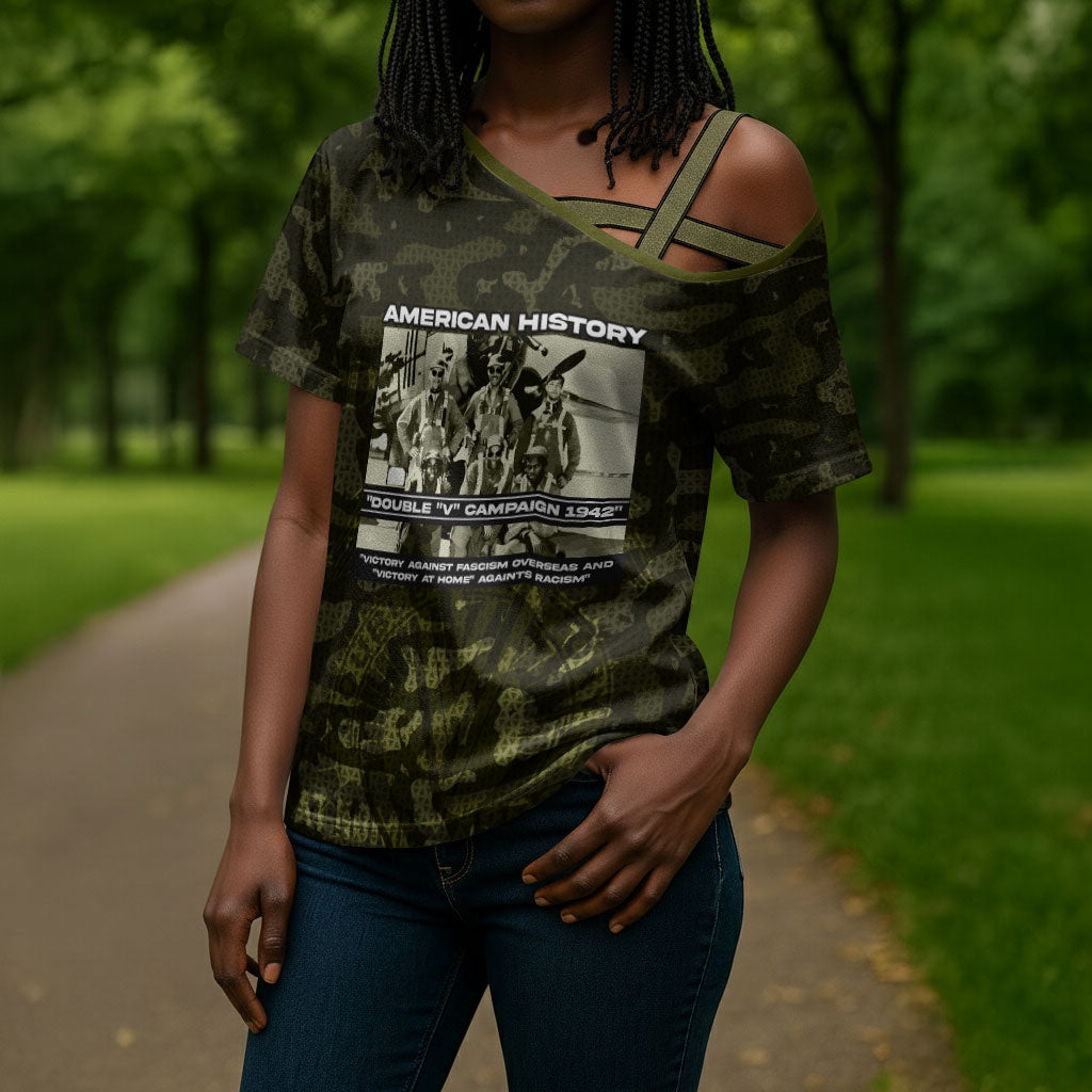 Double V Campaign American History 1942 Cross Shoulder Shirt Military Camouflage Tuskegee Airmen World War II