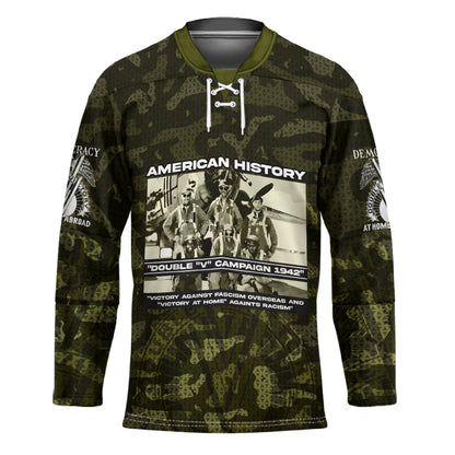 Double V Campaign American History 1942 Hockey Jersey Military Camouflage Tuskegee Airmen World War II