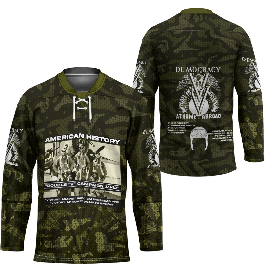 Double V Campaign American History 1942 Hockey Jersey Military Camouflage Tuskegee Airmen World War II