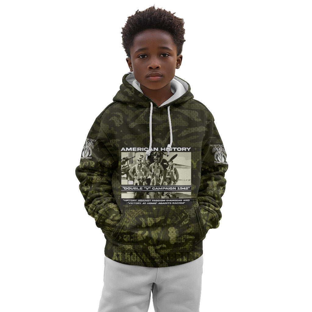 Double V Campaign American History 1942 Kid Hoodie Military Camouflage Tuskegee Airmen World War II
