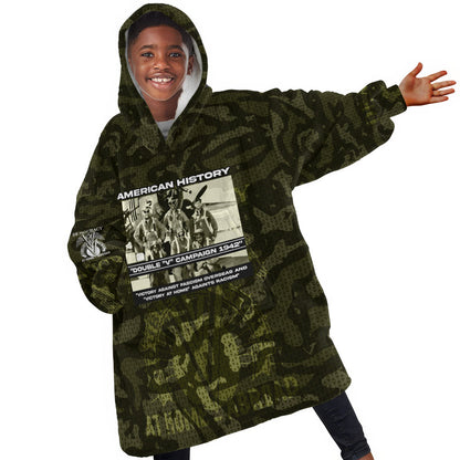 Double V Campaign American History 1942 Kid Wearable Blanket Hoodie Military Camouflage Tuskegee Airmen World War II