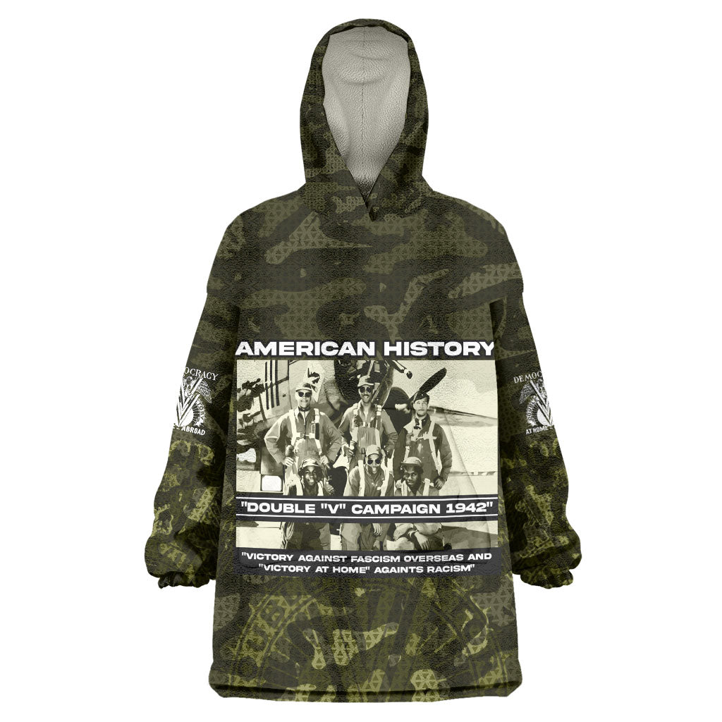 Double V Campaign American History 1942 Kid Wearable Blanket Hoodie Military Camouflage Tuskegee Airmen World War II