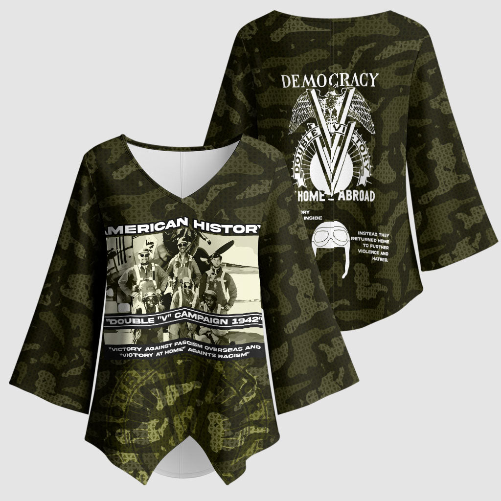 Double V Campaign American History 1942 Kimono Sleeve Blouse Military Camouflage Tuskegee Airmen World War II