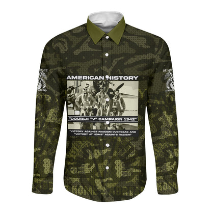 Double V Campaign American History 1942 Long Sleeve Button Shirt Military Camouflage Tuskegee Airmen World War II