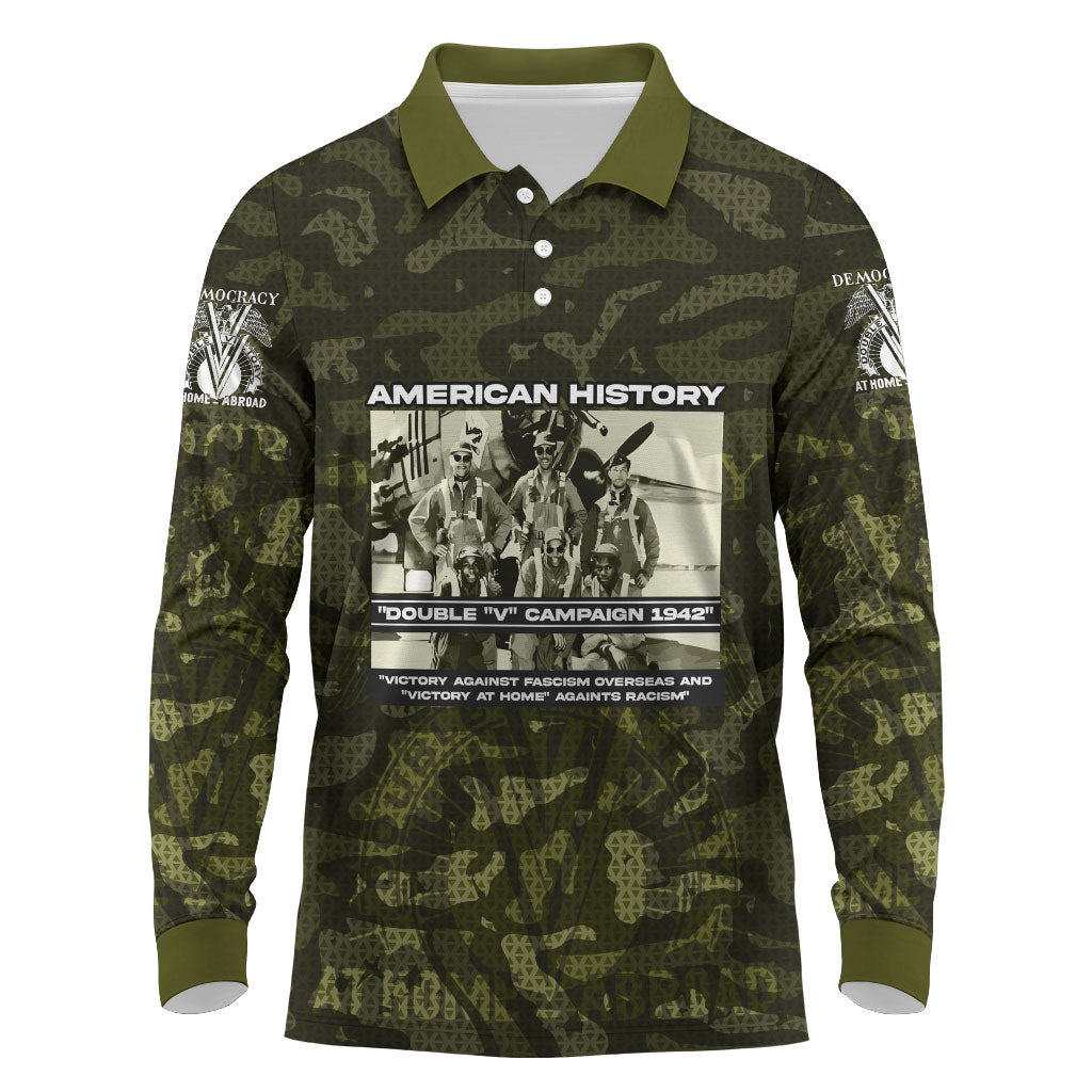 Double V Campaign American History 1942 Long Sleeve Polo Shirt Military Camouflage Tuskegee Airmen World War II