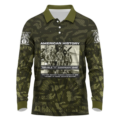 Double V Campaign American History 1942 Long Sleeve Polo Shirt Military Camouflage Tuskegee Airmen World War II