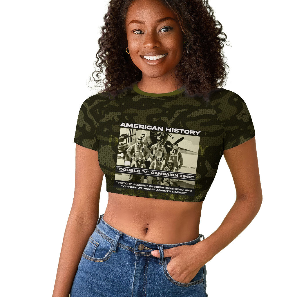 Double V Campaign American History 1942 Raglan Cropped T shirt Military Camouflage Tuskegee Airmen World War II
