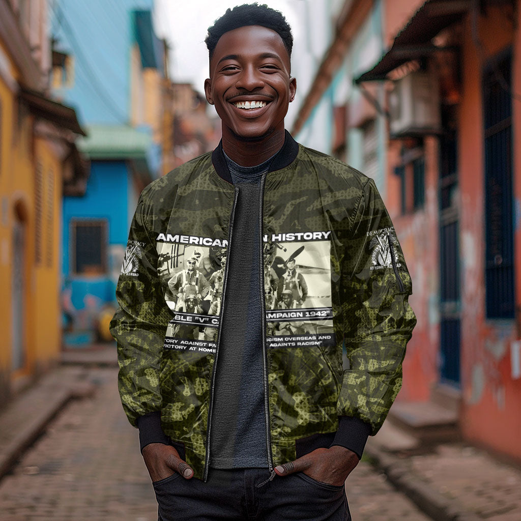 Double V Campaign American History 1942 Sleeve Zip Bomber Jacket Military Camouflage Tuskegee Airmen World War II