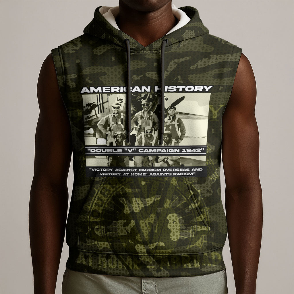 Double V Campaign American History 1942 Sleeveless Hoodie Military Camouflage Tuskegee Airmen World War II