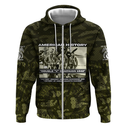 Double V Campaign American History 1942 Zip Hoodie Military Camouflage Tuskegee Airmen World War II