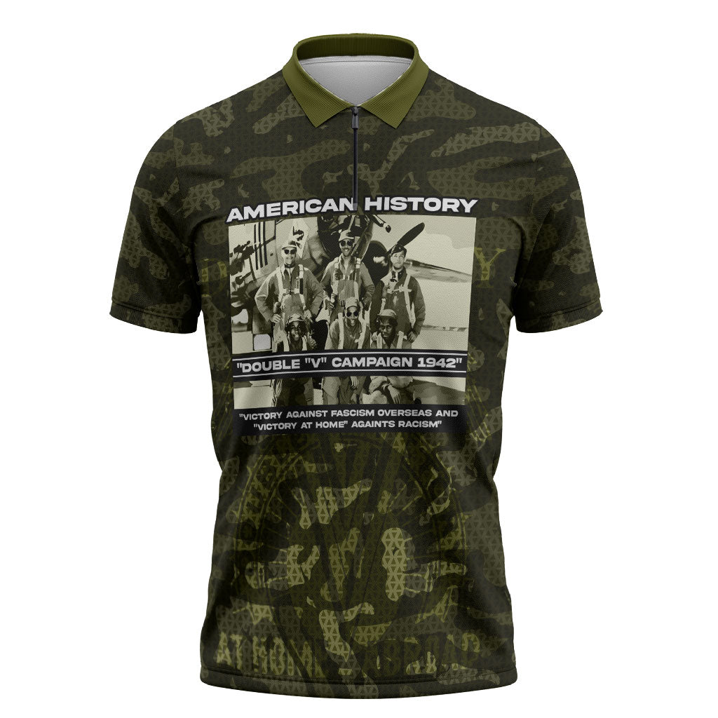 Double V Campaign American History 1942 Zipper Polo Shirt Military Camouflage Tuskegee Airmen World War II