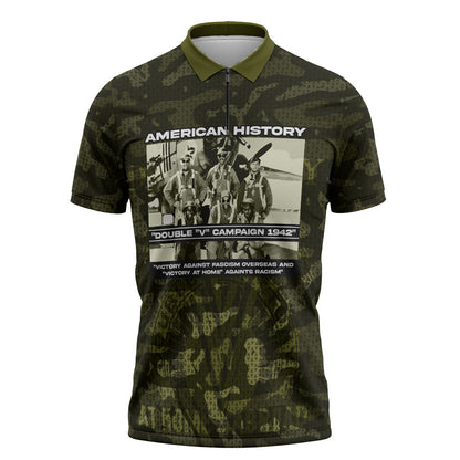 Double V Campaign American History 1942 Zipper Polo Shirt Military Camouflage Tuskegee Airmen World War II