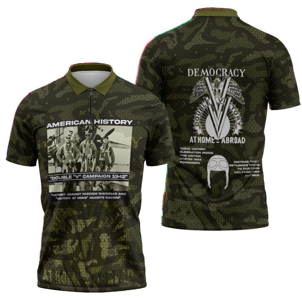 Double V Campaign American History 1942 Zipper Polo Shirt Military Camouflage Tuskegee Airmen World War II
