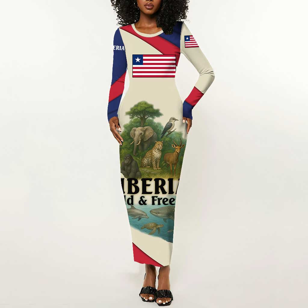 Liberia Wildlife Long Sleeve Bodycon Dress African Safari and Ocean Marine Life - African Pride