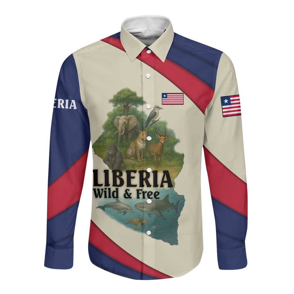 Liberia Wildlife Long Sleeve Button Shirt African Safari and Ocean Marine Life - African Pride