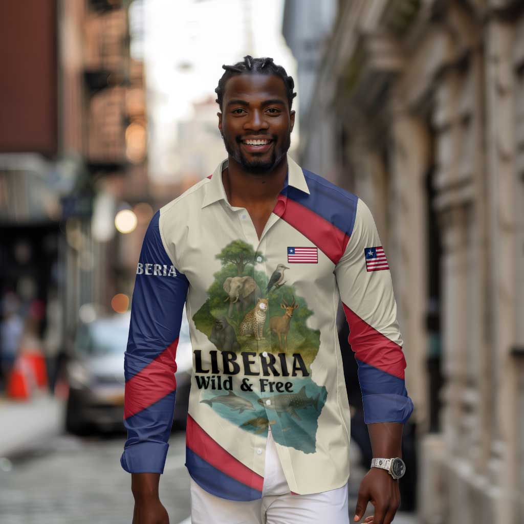 Liberia Wildlife Long Sleeve Button Shirt African Safari and Ocean Marine Life - African Pride