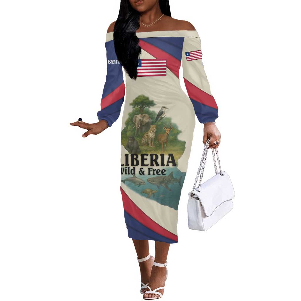 Liberia Wildlife Off The Shoulder Long Sleeve Dress African Safari and Ocean Marine Life - African Pride