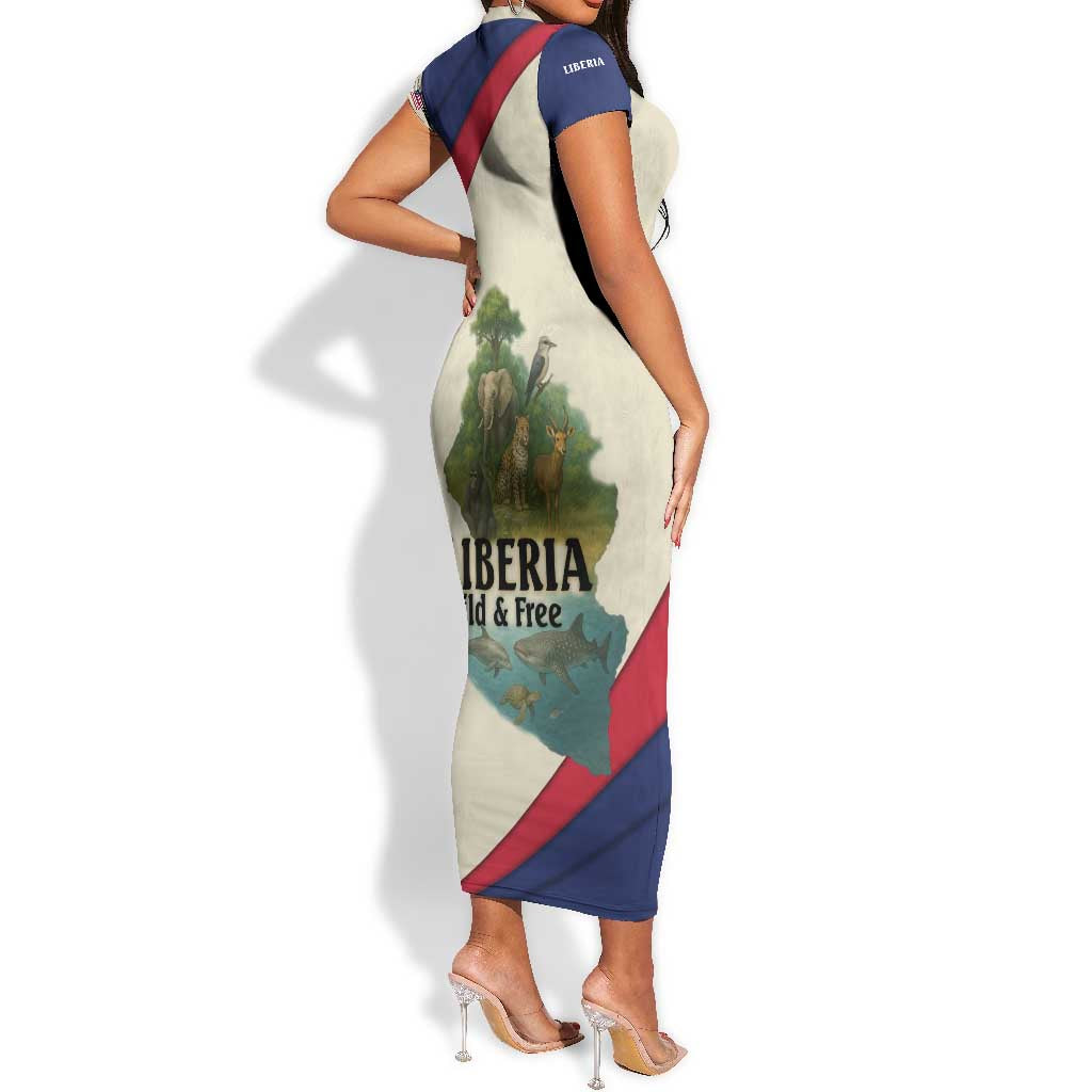 Liberia Wildlife Short Sleeve Bodycon Dress African Safari and Ocean Marine Life - African Pride