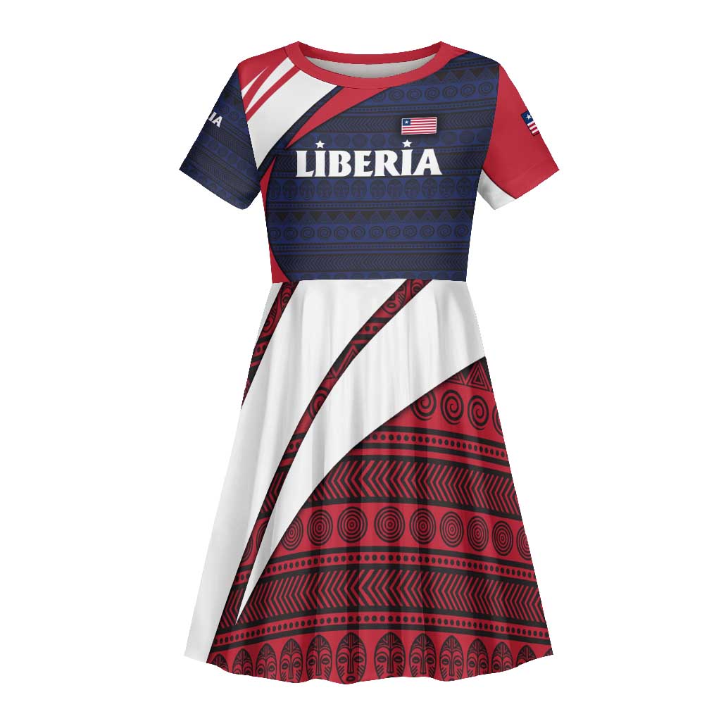 Liberia National Emblem Kid Short Sleeve Dress Tribal Pattern and Heritage Colors - African Pride