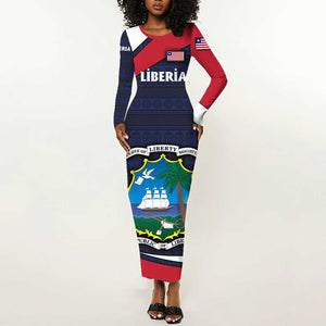 Liberia National Emblem Long Sleeve Bodycon Dress Tribal Pattern and Heritage Colors - African Pride