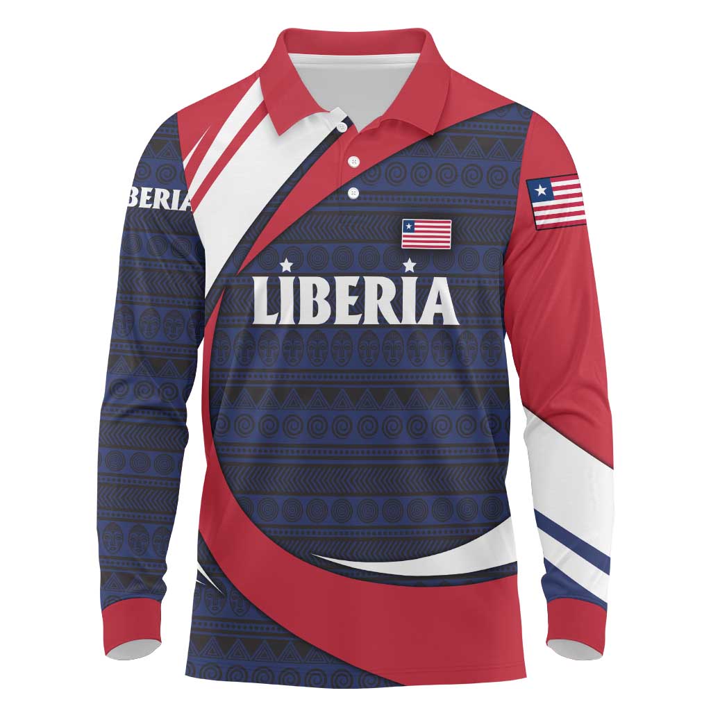 Liberia National Emblem Long Sleeve Polo Shirt Tribal Pattern and Heritage Colors - African Pride