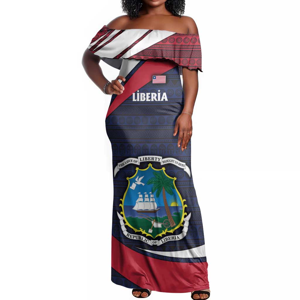 Liberia National Emblem Off Shoulder Maxi Dress Tribal Pattern and Heritage Colors - African Pride