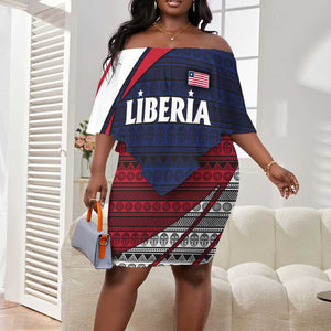 Liberia National Emblem Off Shoulder Short Dress Tribal Pattern and Heritage Colors - African Pride
