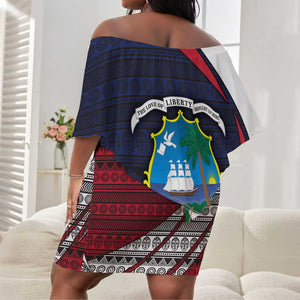 Liberia National Emblem Off Shoulder Short Dress Tribal Pattern and Heritage Colors - African Pride