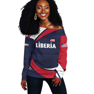 Liberia National Emblem Off Shoulder Sweater Tribal Pattern and Heritage Colors - African Pride