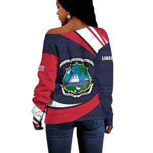 Liberia National Emblem Off Shoulder Sweater Tribal Pattern and Heritage Colors - African Pride