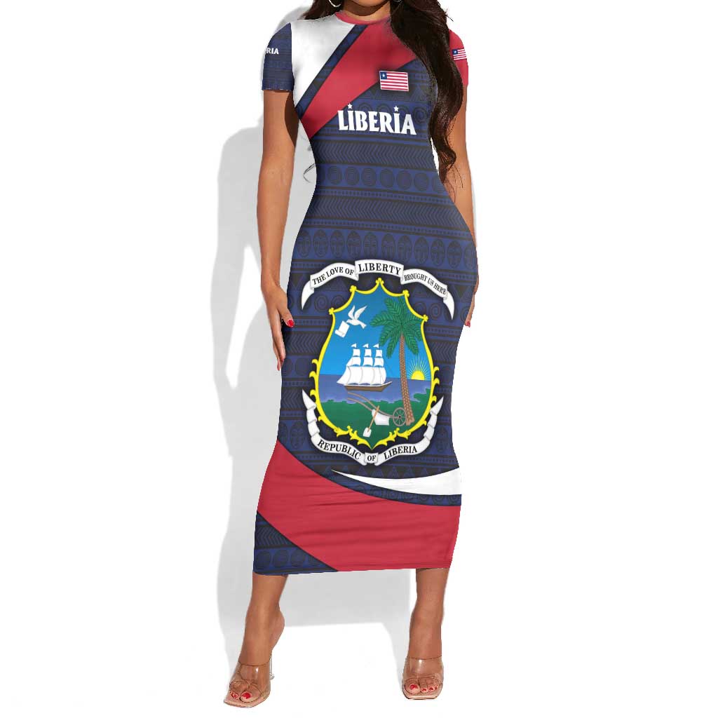 Liberia National Emblem Short Sleeve Bodycon Dress Tribal Pattern and Heritage Colors - African Pride