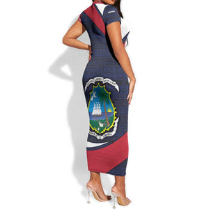 Liberia National Emblem Short Sleeve Bodycon Dress Tribal Pattern and Heritage Colors - African Pride
