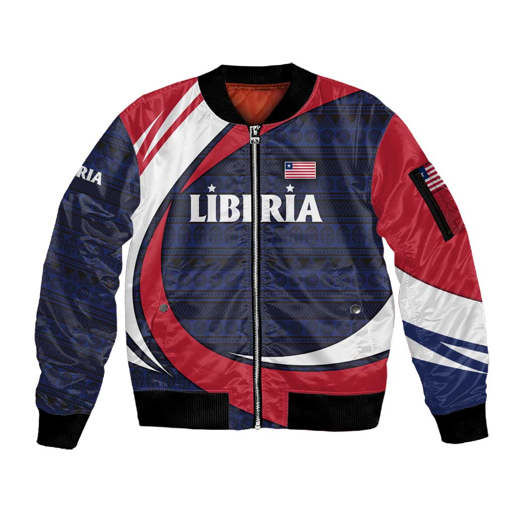 Liberia National Emblem Sleeve Zip Bomber Jacket Tribal Pattern and Heritage Colors - African Pride