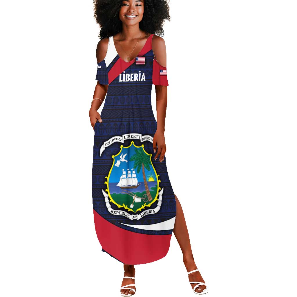Liberia National Emblem Summer Maxi Dress Tribal Pattern and Heritage Colors - African Pride