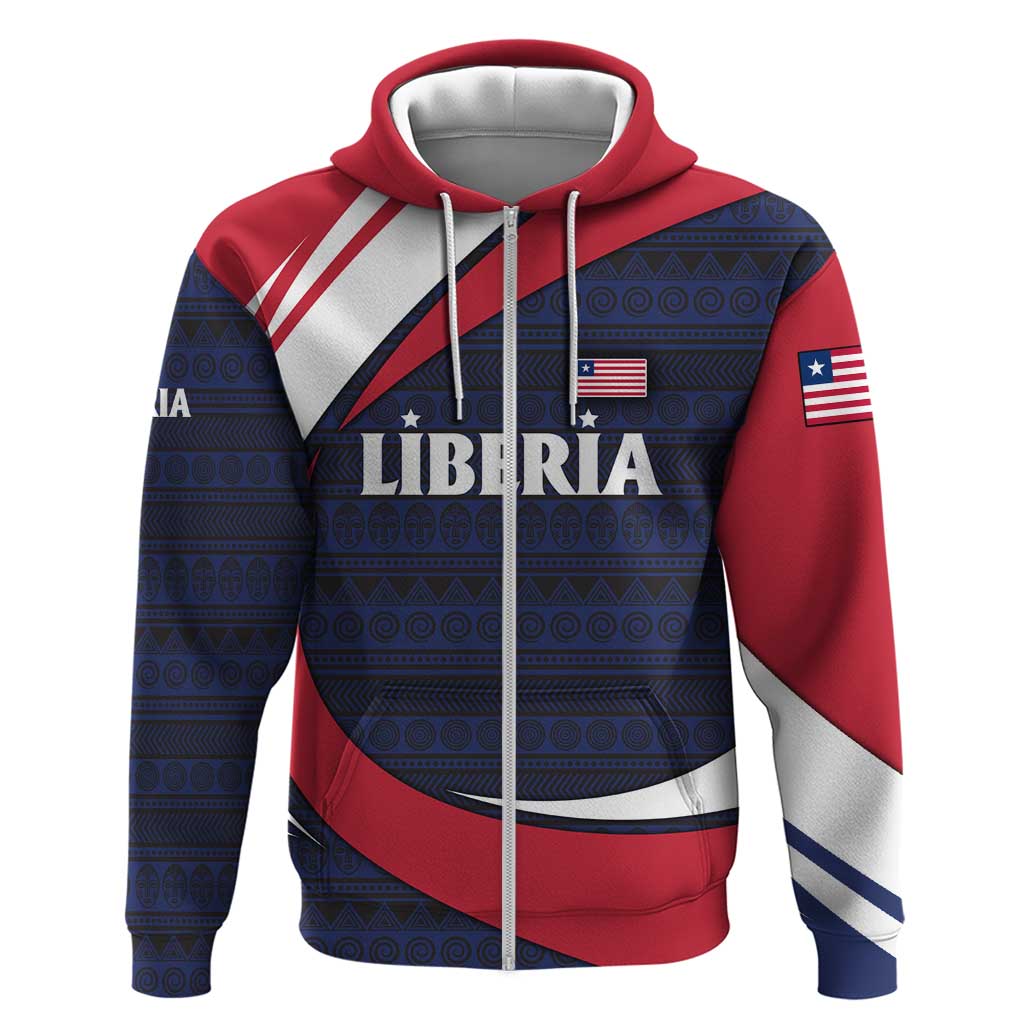 Liberia National Emblem Zip Hoodie Tribal Pattern and Heritage Colors - African Pride