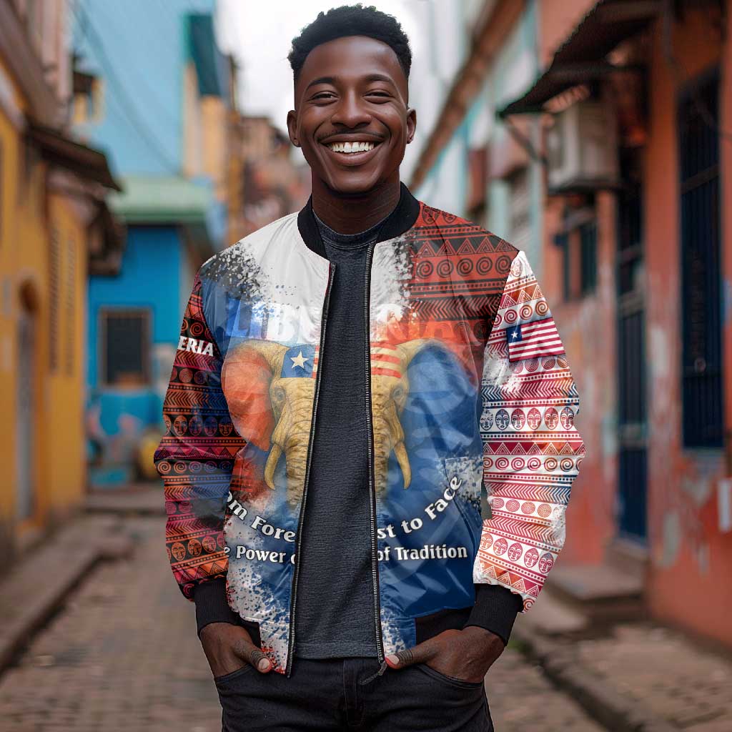Liberia Elephant Power of Tradition Bomber Jacket Tribal Red Blue Splash - African Pride