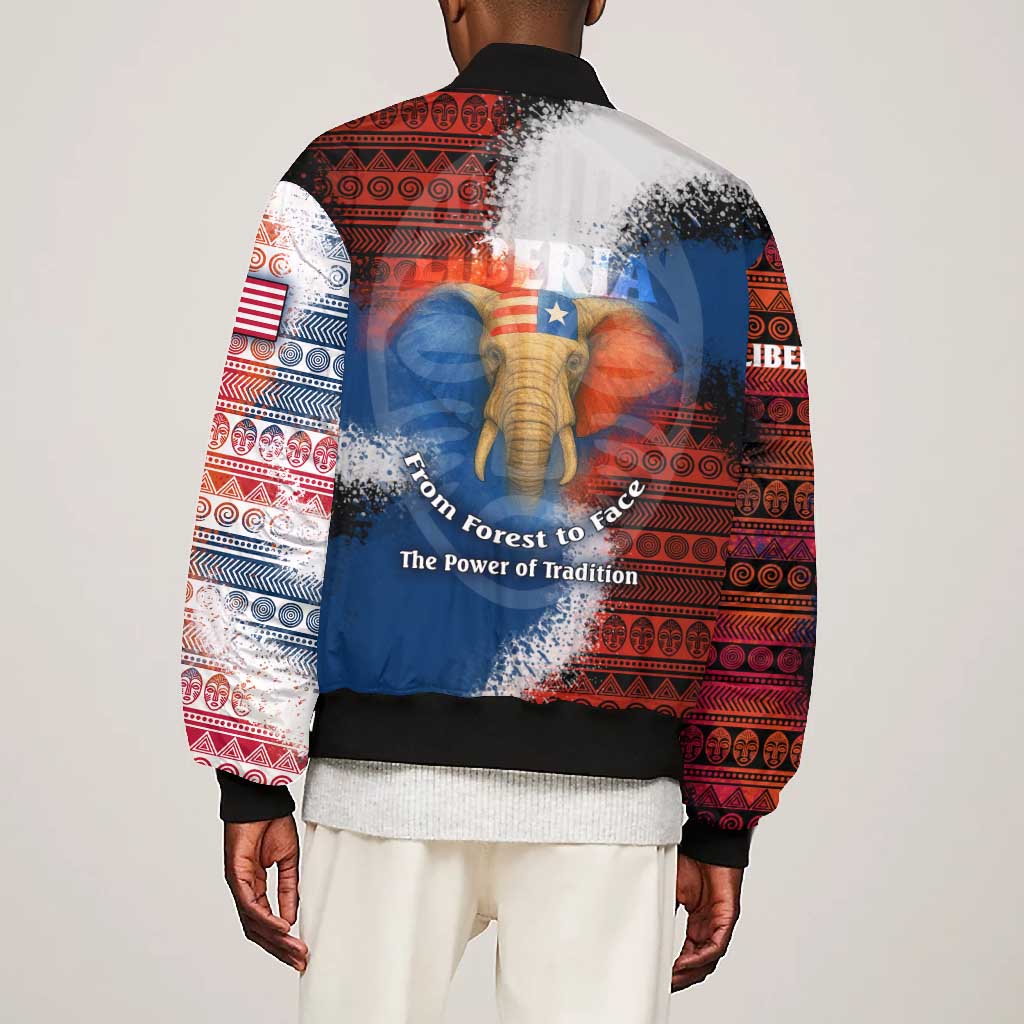 Liberia Elephant Power of Tradition Bomber Jacket Tribal Red Blue Splash - African Pride