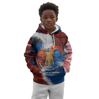 Liberia Elephant Power of Tradition Kid Hoodie Tribal Red Blue Splash - African Pride