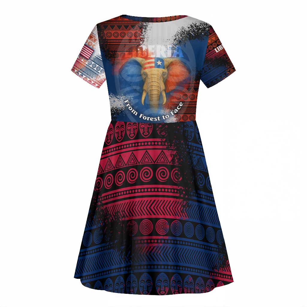 Liberia Elephant Power of Tradition Kid Short Sleeve Dress Tribal Red Blue Splash - African Pride