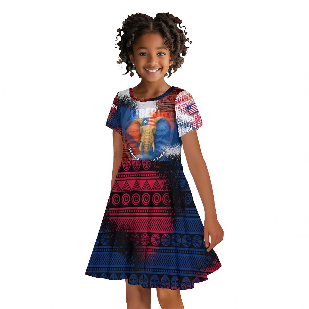 Liberia Elephant Power of Tradition Kid Short Sleeve Dress Tribal Red Blue Splash - African Pride