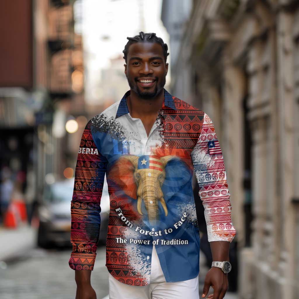 Liberia Elephant Power of Tradition Long Sleeve Button Shirt Tribal Red Blue Splash - African Pride