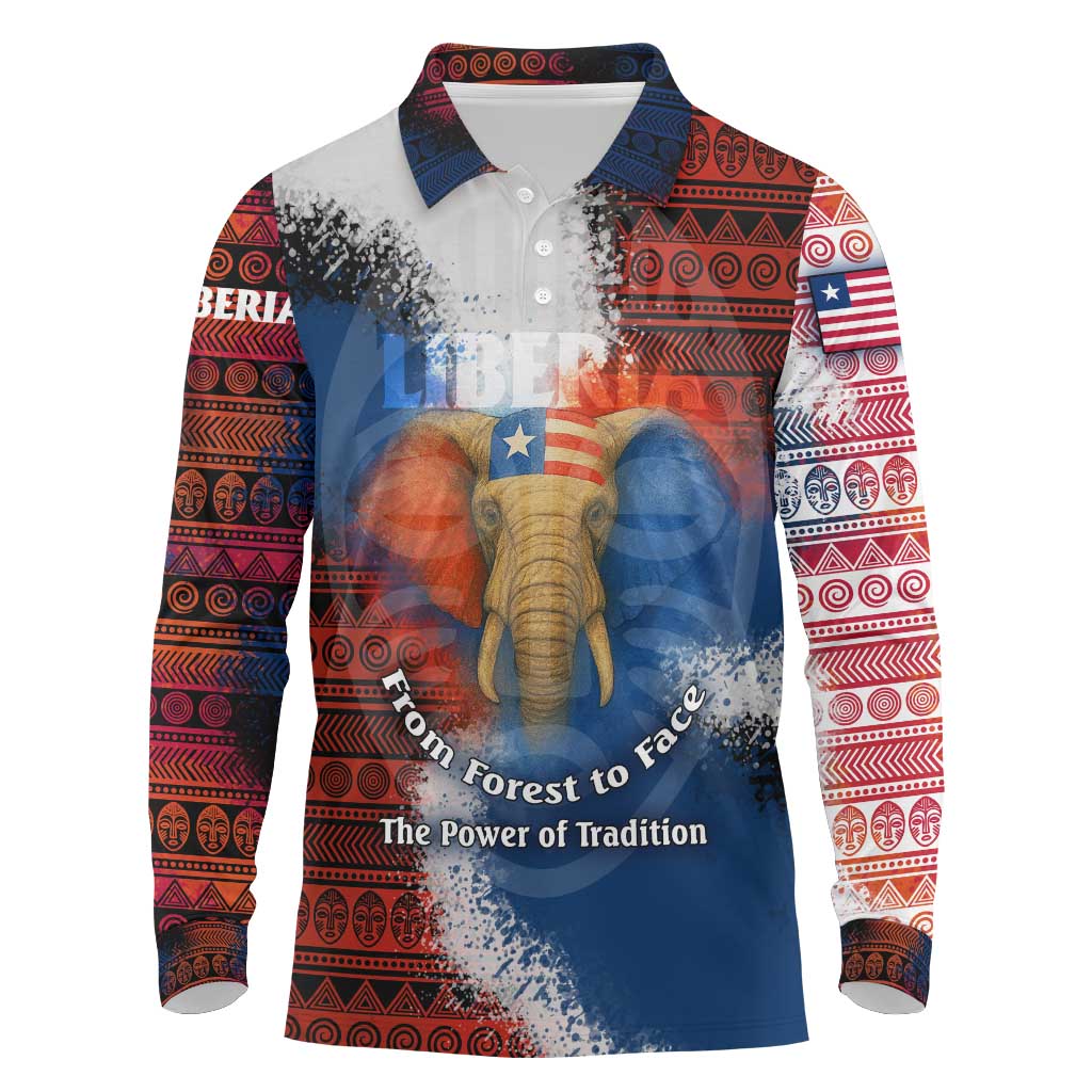 Liberia Elephant Power of Tradition Long Sleeve Polo Shirt Tribal Red Blue Splash - African Pride