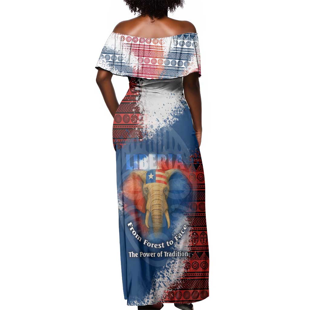 Liberia Elephant Power of Tradition Off Shoulder Maxi Dress Tribal Red Blue Splash - African Pride