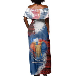 Liberia Elephant Power of Tradition Off Shoulder Maxi Dress Tribal Red Blue Splash - African Pride