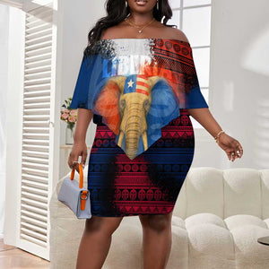 Liberia Elephant Power of Tradition Off Shoulder Short Dress Tribal Red Blue Splash - African Pride