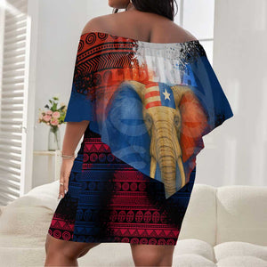 Liberia Elephant Power of Tradition Off Shoulder Short Dress Tribal Red Blue Splash - African Pride