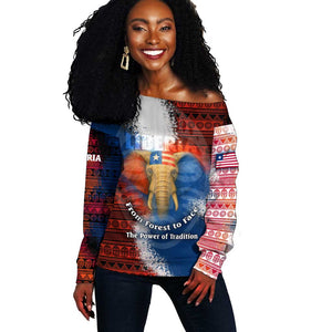 Liberia Elephant Power of Tradition Off Shoulder Sweater Tribal Red Blue Splash - African Pride
