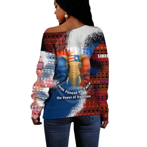 Liberia Elephant Power of Tradition Off Shoulder Sweater Tribal Red Blue Splash - African Pride