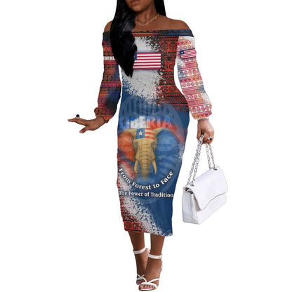 Liberia Elephant Power of Tradition Off The Shoulder Long Sleeve Dress Tribal Red Blue Splash - African Pride